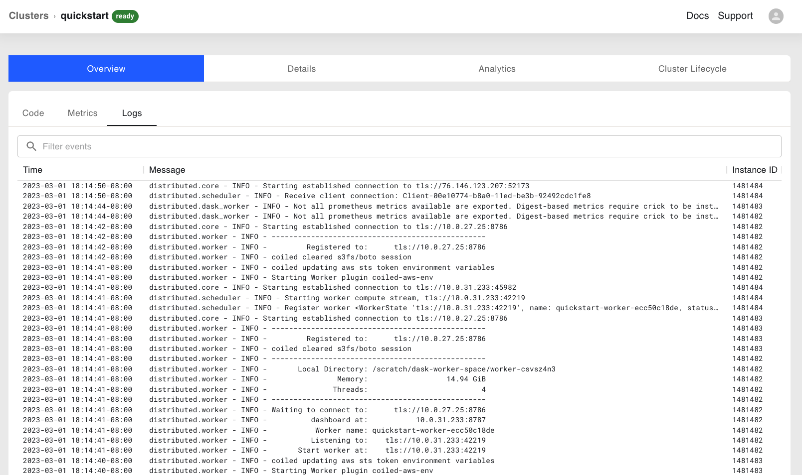 Screenshot of the cluster overview page on Coiled cloud.