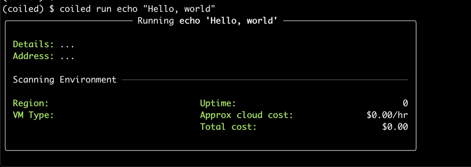Running Coiled Run hello world example in a terminal