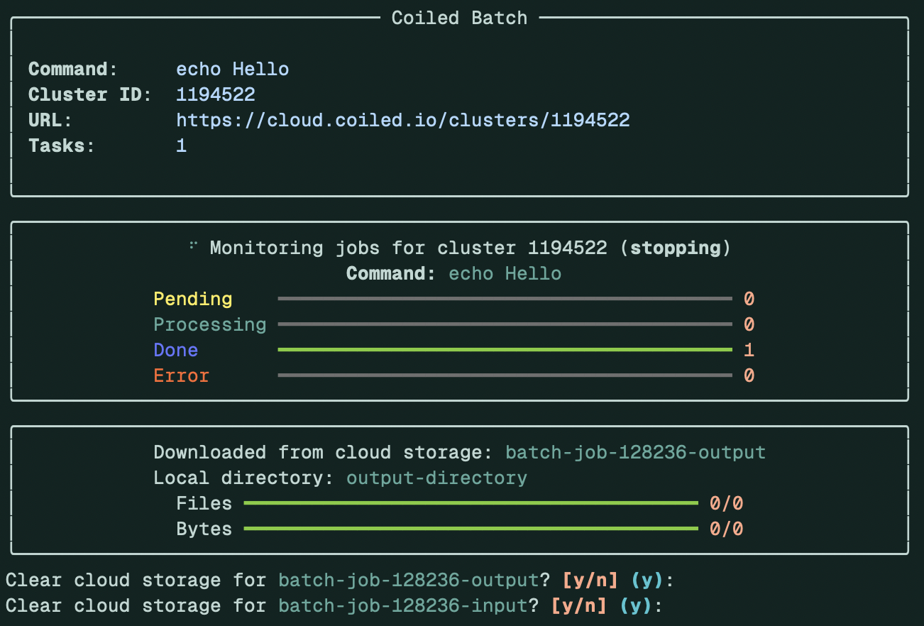 Terminal output of launching a batch job with --pipe-to-files. Shows files being downloaded and the option to delete files from the filestore after downloading.