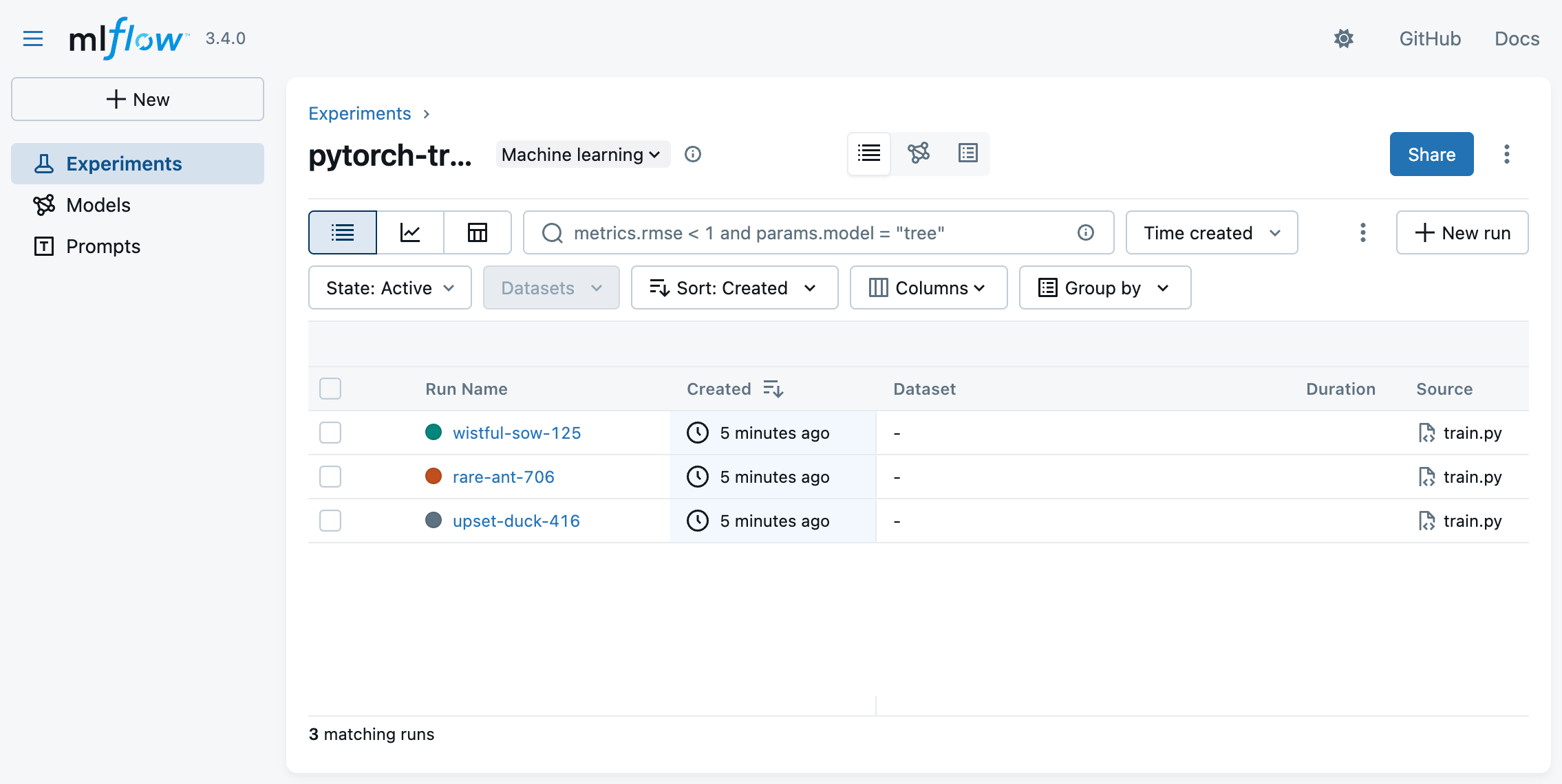 A screenshot of the MLFlow application with the three experiments running in parallel.