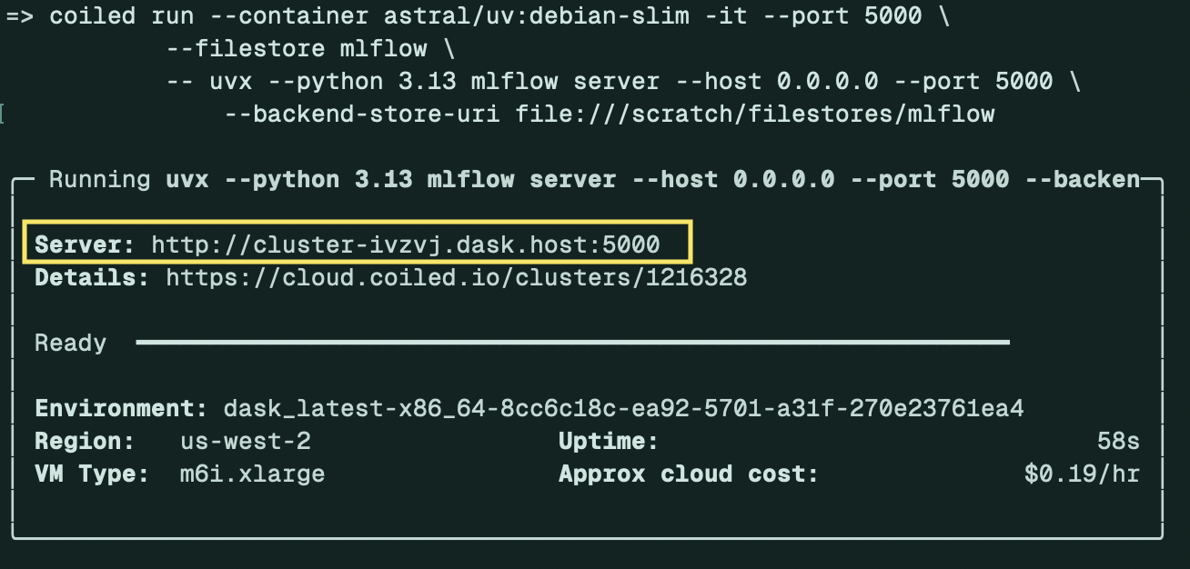 A screenshot command to launch a cluster with the filestore attached, showing the address of the cluster where MLflow is running.