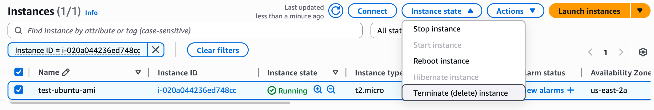 Screenshot of the AWS console showing how to terminate an EC2 instance to avoid runaway costs.